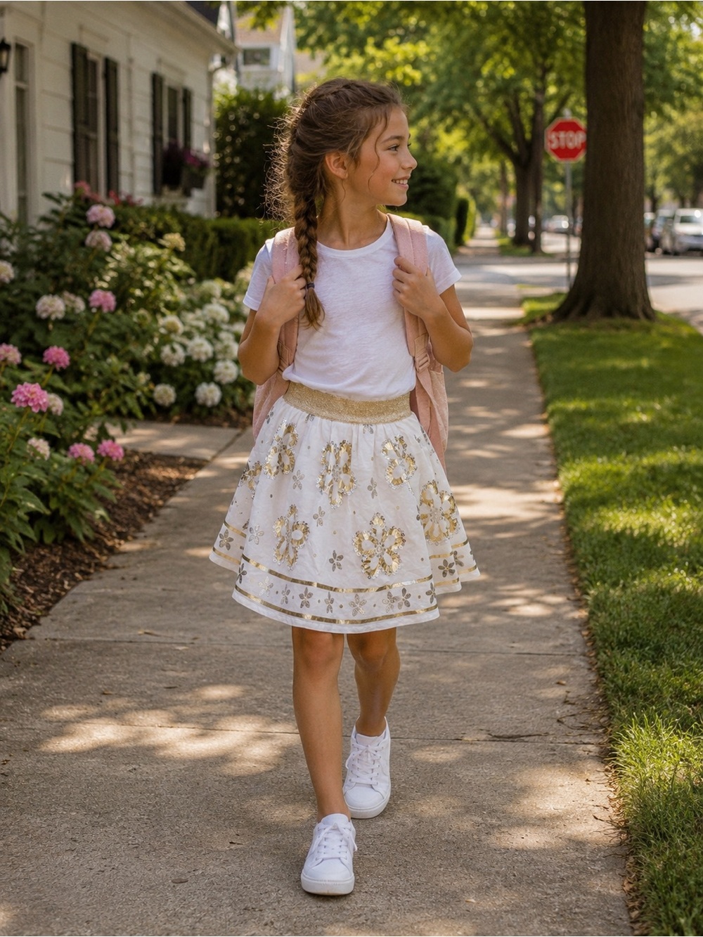 NWT Justice White Gold Sequin Floral Skirt Girls Tween